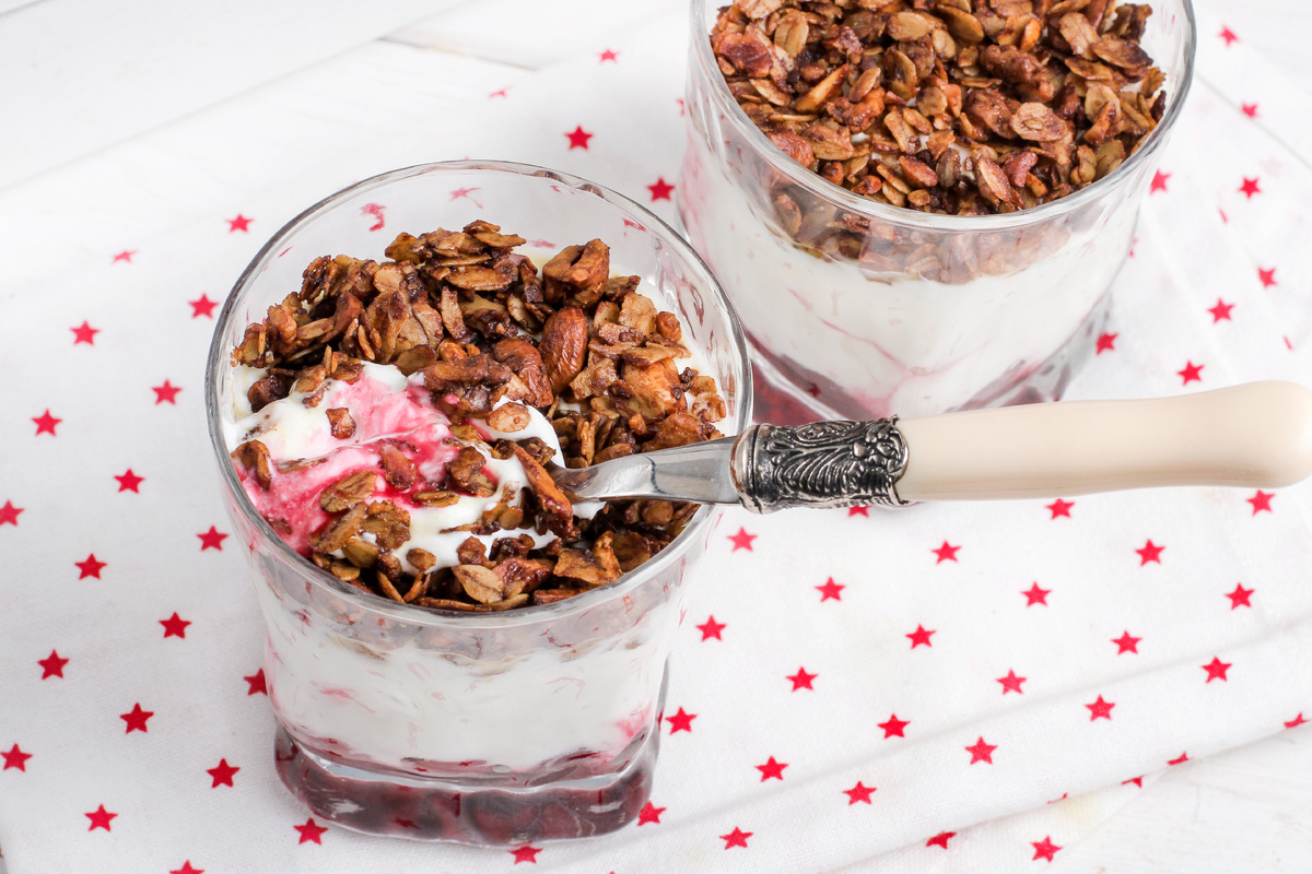 Нежный греческий йогурт с вишней и шоколадной гранолой